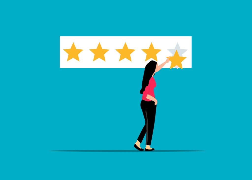 Drawing of a woman placing a star on a chart to give google review