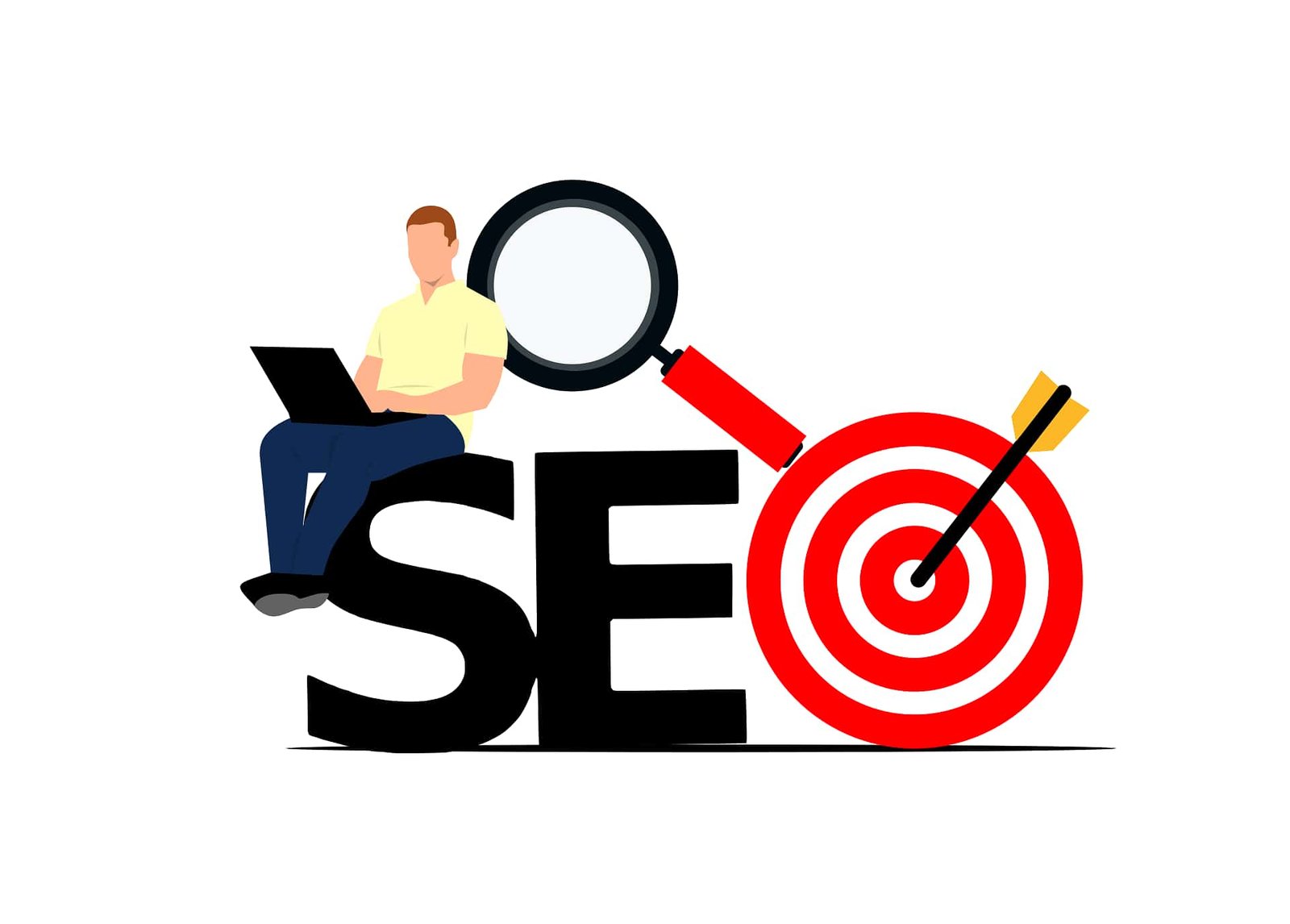 drawing of man sat on top words that say SEO